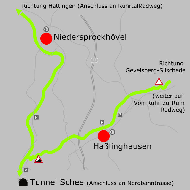 Karte mit dem Streckenverlauf der Glückauftrasse und markanten Punkten in Sprockhövel.