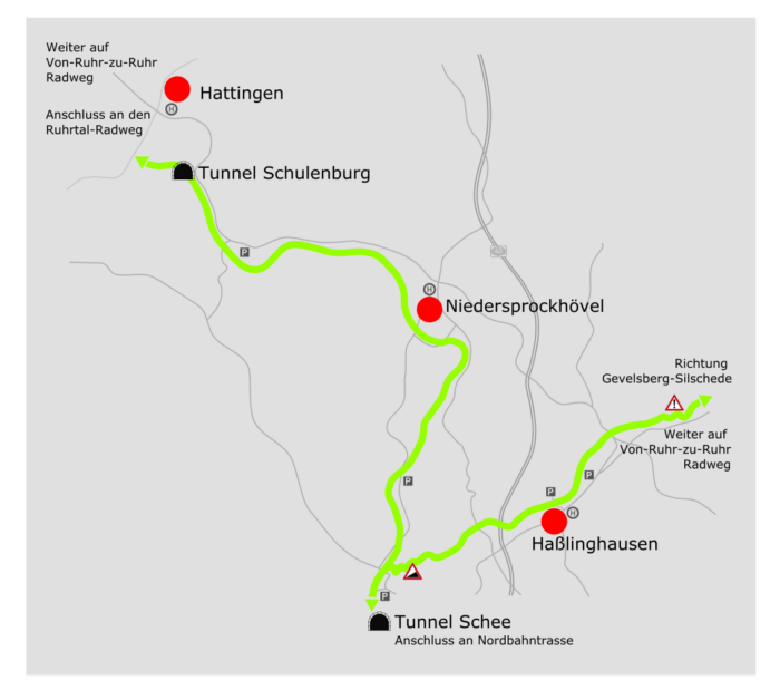 Schematische Darstellung des Streckenverlaufs der Glückauftrasse mit Ortsangaben zu den Städten Hattingen und Sprockhövel